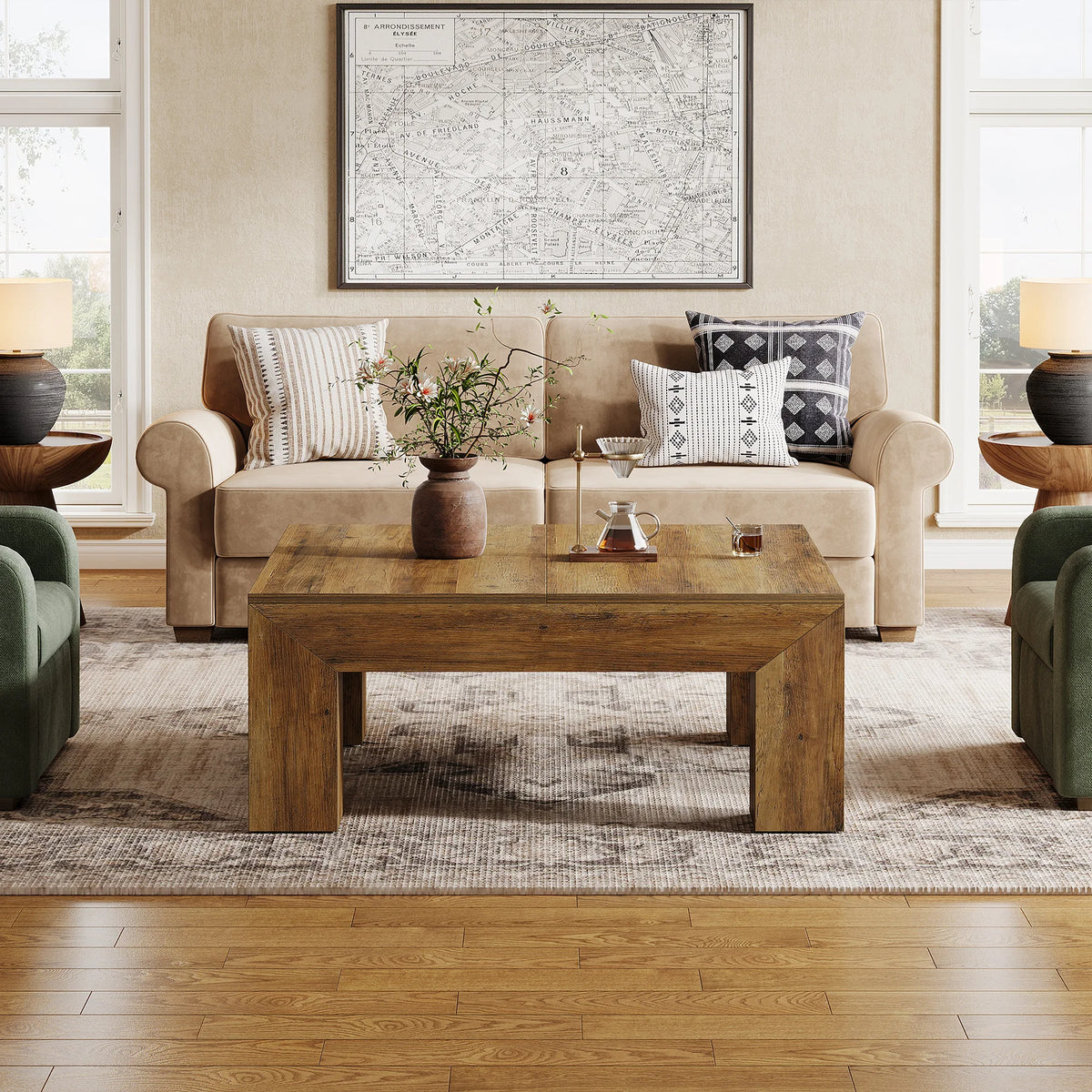 Tribesigns 39.4-inch square coffee table with natural wood finish and chunky legs.