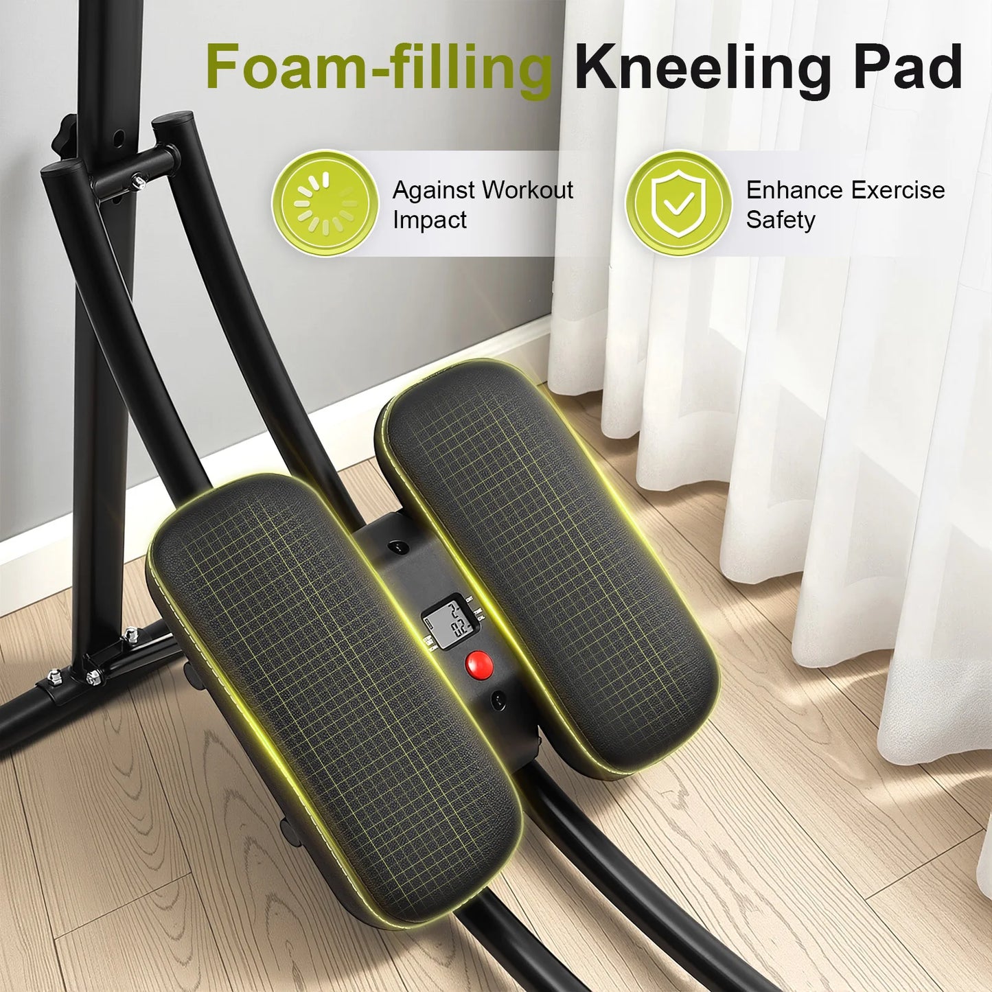 Ab machine from S And B Enterprise with LED display, black frame and neon-green trim, foldable home gym