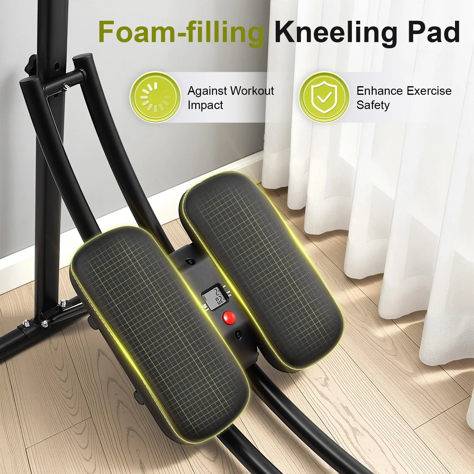 Ab machine from S And B Enterprise with LED display, black frame and neon-green trim, foldable home gym
