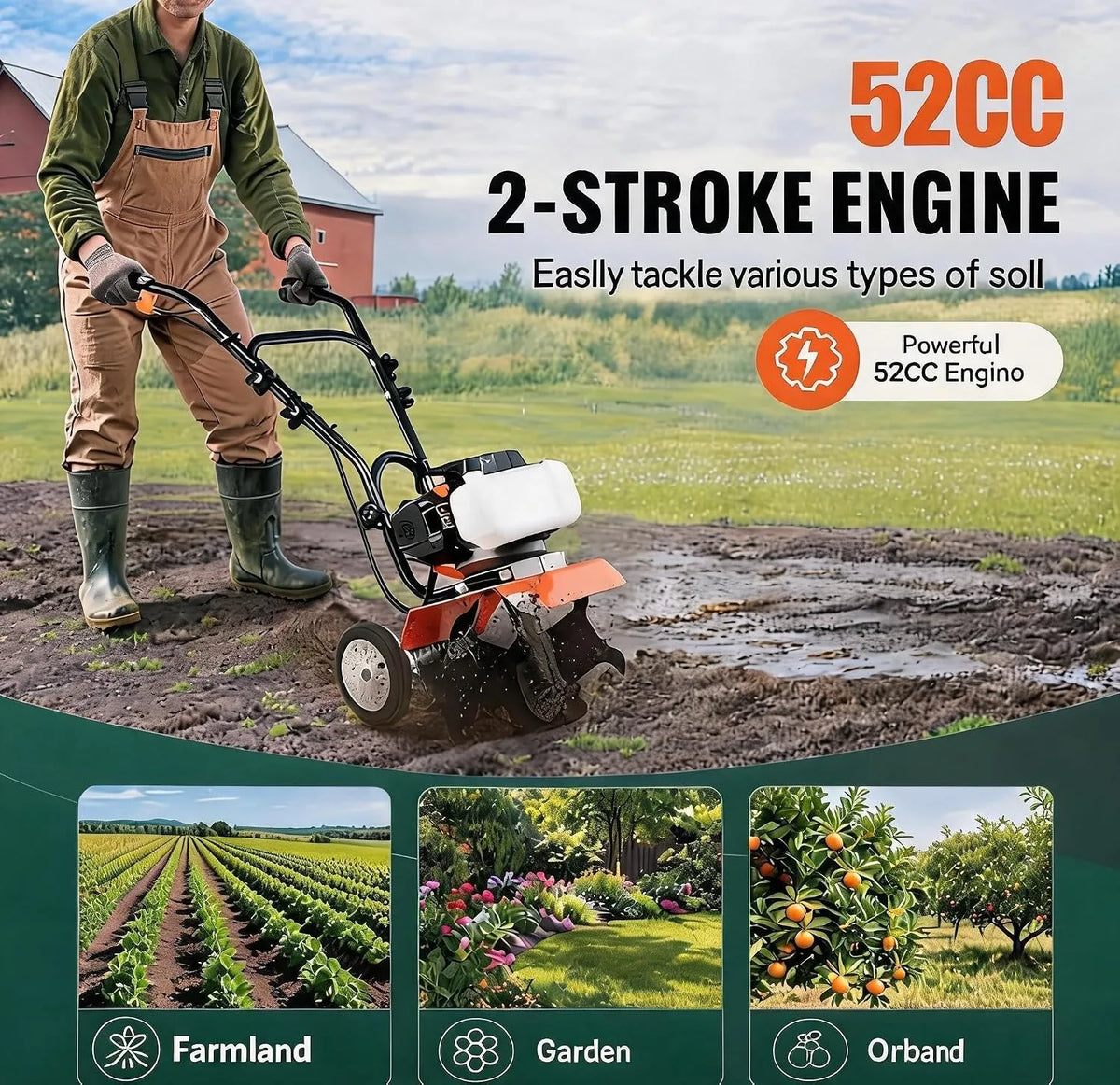 S And B Enterprise 52CC gas-powered tiller cultivator with adjustable steel tines and 11.8-inch working width.