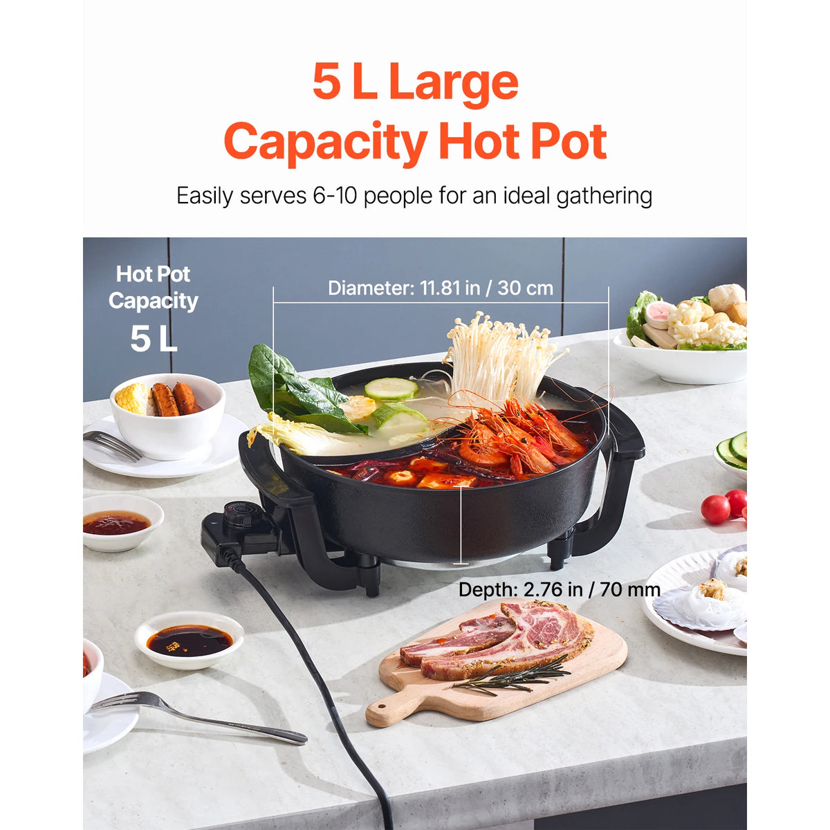 SucceBuy 5 L Electric Hot Pot with divider and glass lid for double-flavor shabu shabu, 6-10 people