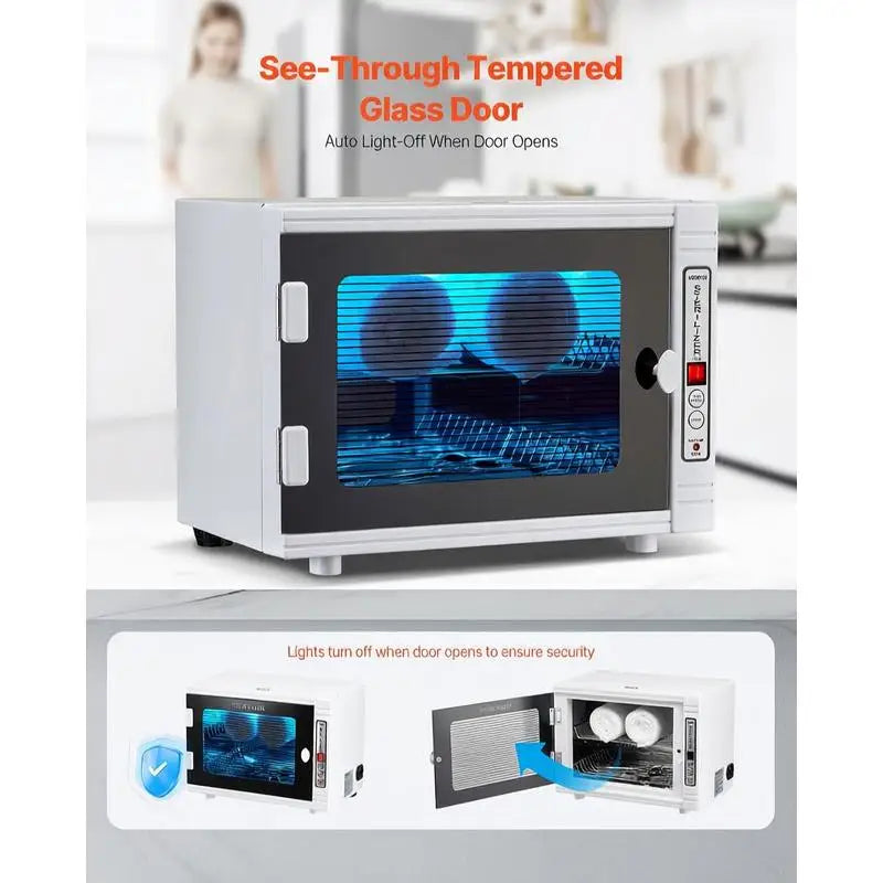 Nail tool cleaning machine, white 12L cabinet with see-through tempered glass door and blue UV-C interior