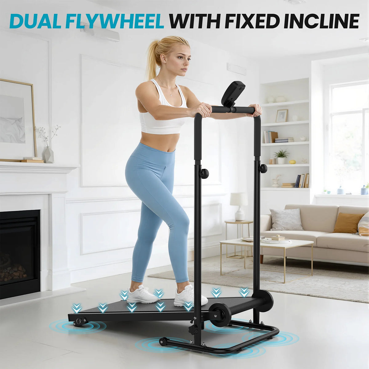 Akluer non-motorized foldable treadmill by S And B Enterprise; black compact home gym cardio with LCD monitor and foam grips