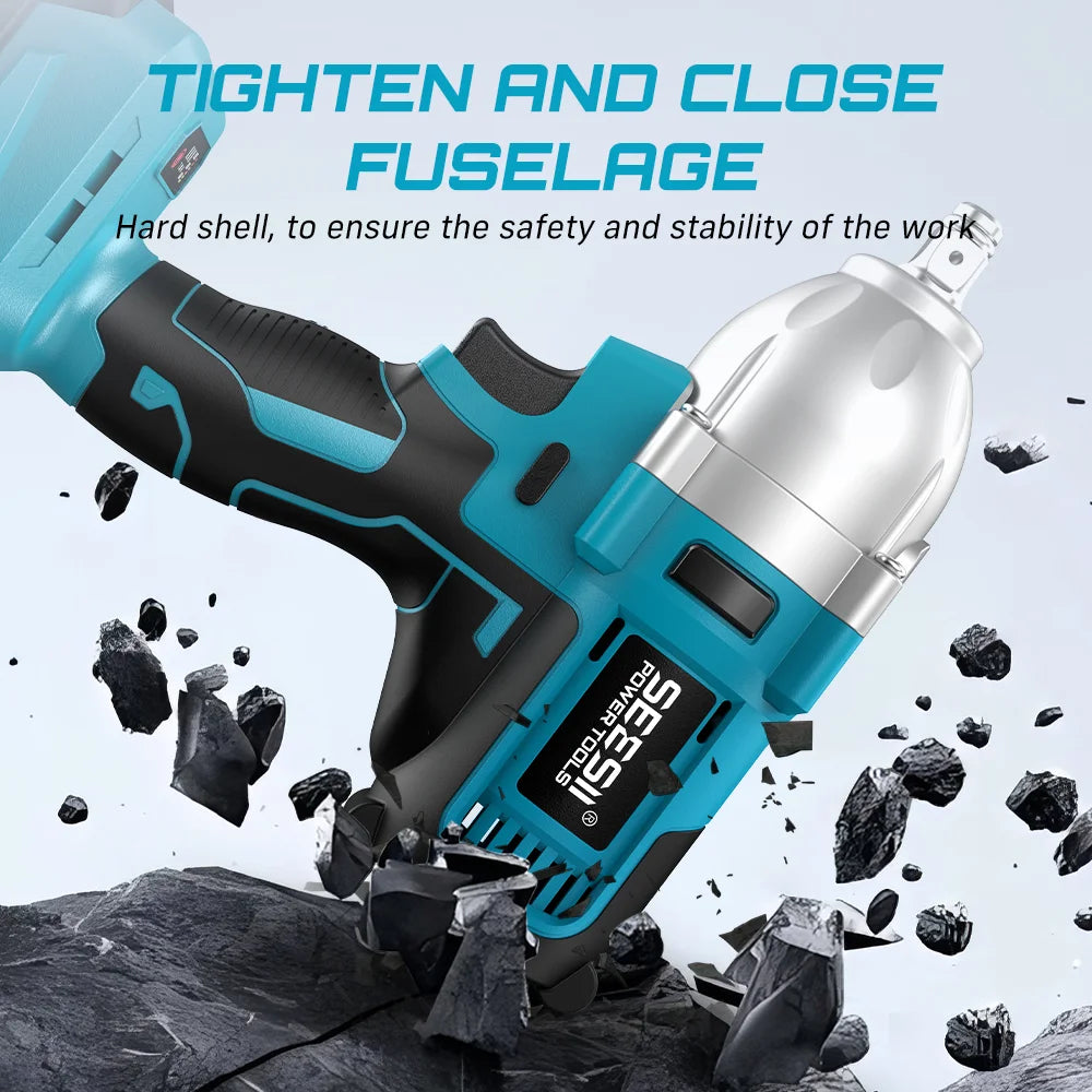 SEESII WH710 Pro 1200N.m cordless impact wrench, teal and black, 1/2in drive, kit with 4.0Ah battery, LED, 6 sockets