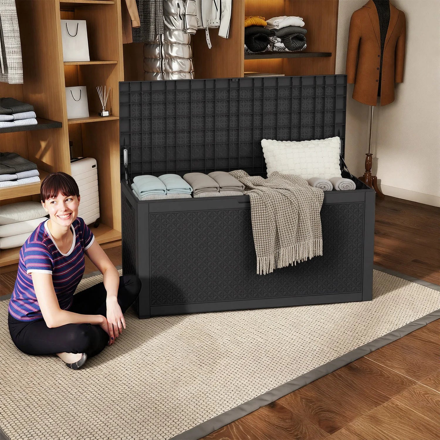 100 Gallon black resin deck box, lockable outdoor patio storage for furniture and tools