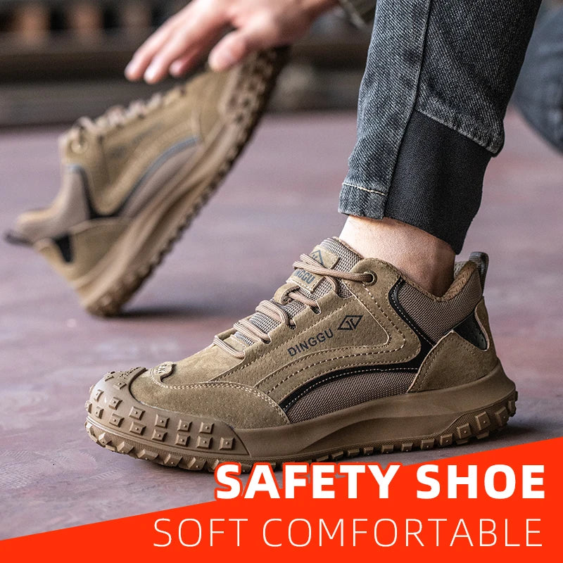 All-Season Men's Safety Work Shoes by DINGGU in tan suede with rugged outsole and steel-toe protection
