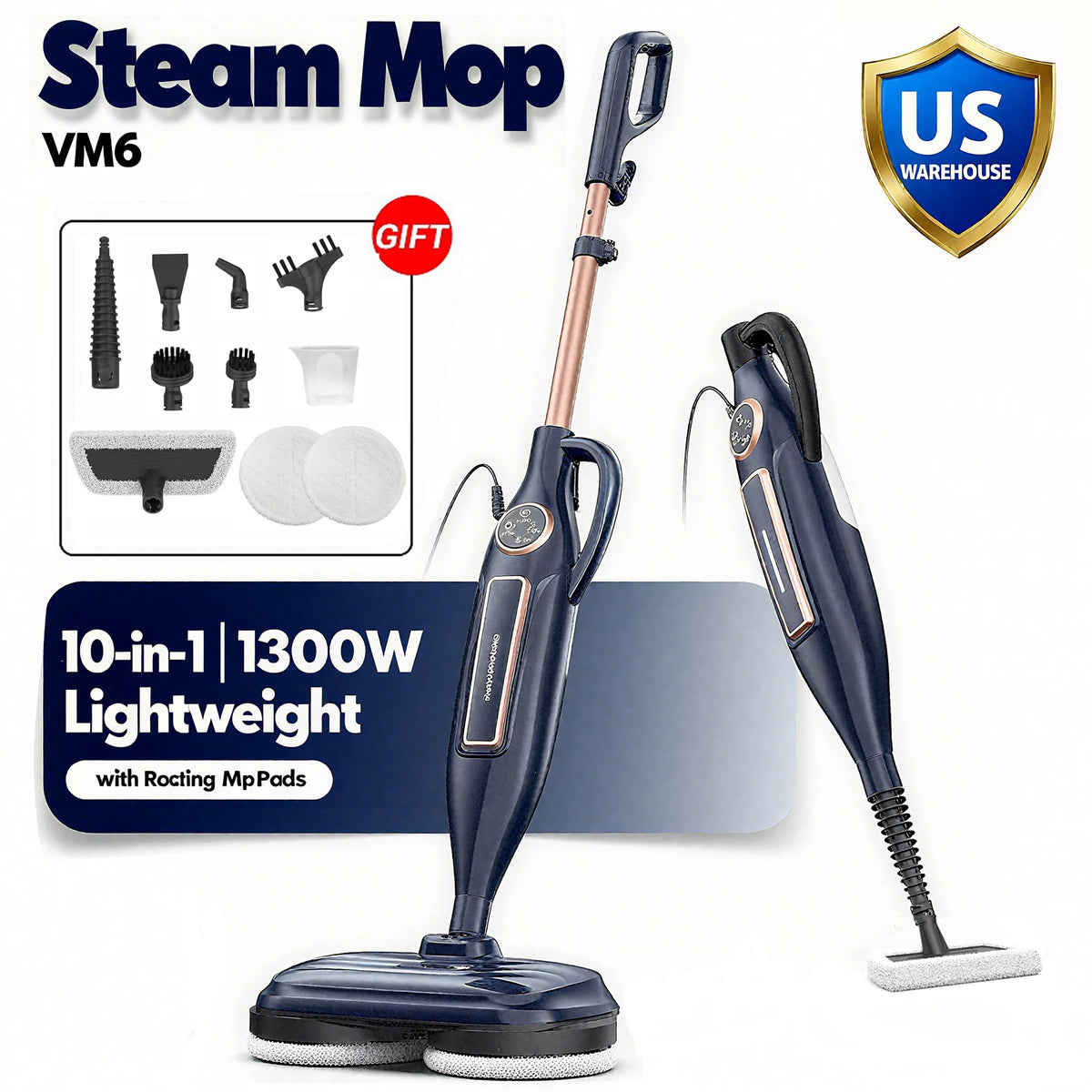 2-pack VM6 steam mop cleaners, blue and black, lightweight floor steamers with rotating mop pads
