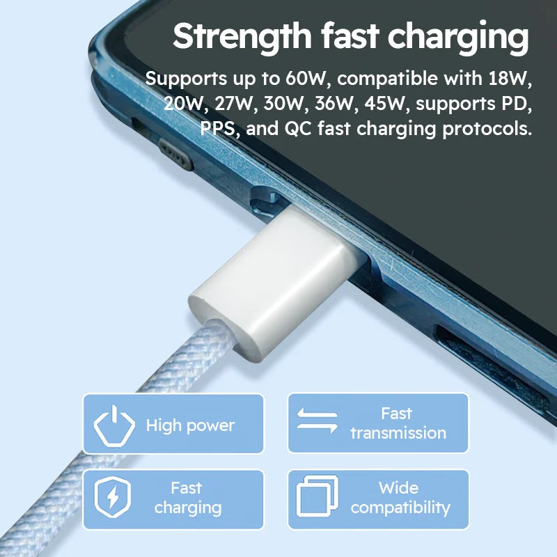 3-pack white nylon braided USB-C fast charge cables, 6ft, 60W, by S And B Enterprise