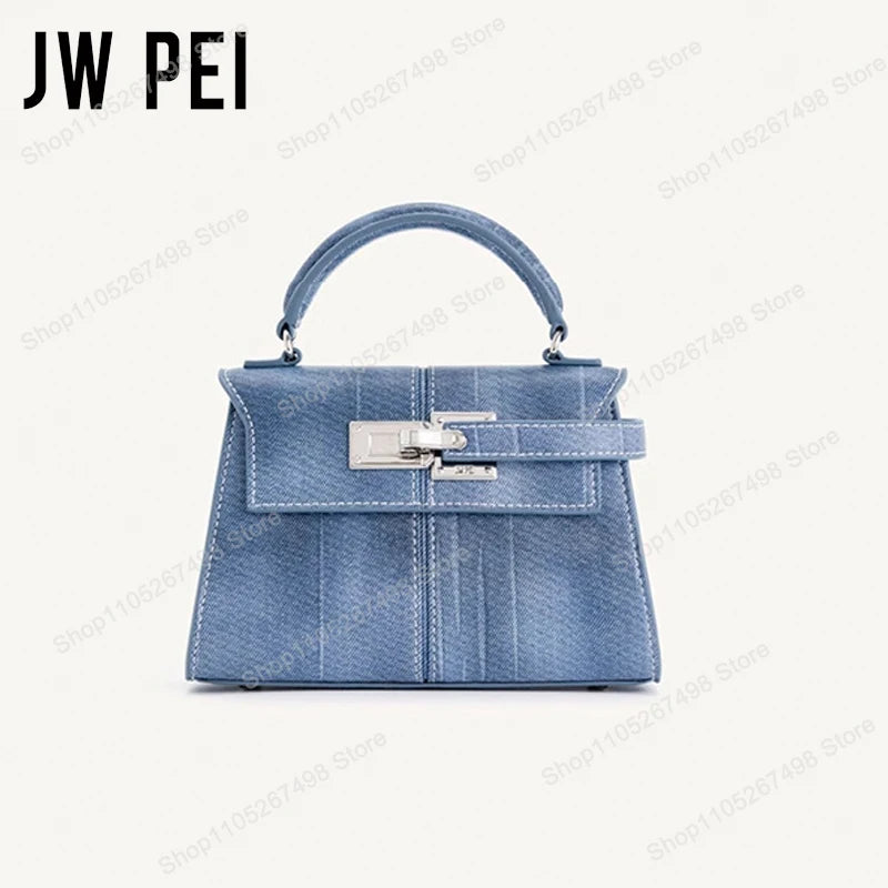 JW PEI Elise blue textured trapezoid top-handle bag with front flap and silver hardware