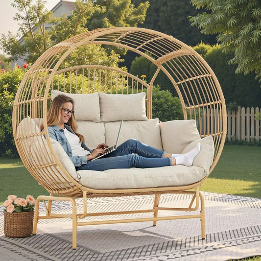Two-Person Wicker Glider Chair With Cushions For Outdoor Patio Garden