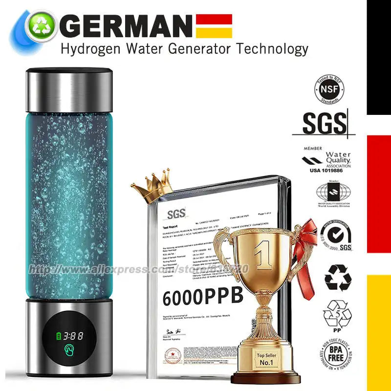 Hydrogen water bottle by S And B Enterprise, teal bottle with digital display and 6000 PPB concentration
