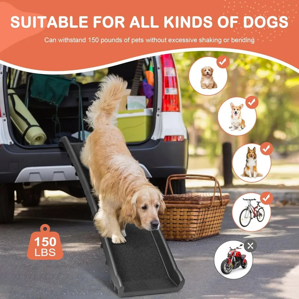 Folding dog ramp by S And B Enterprise, 62-inch black non-slip ramp with raised siderails for cars/SUVs 150 lb capacity.