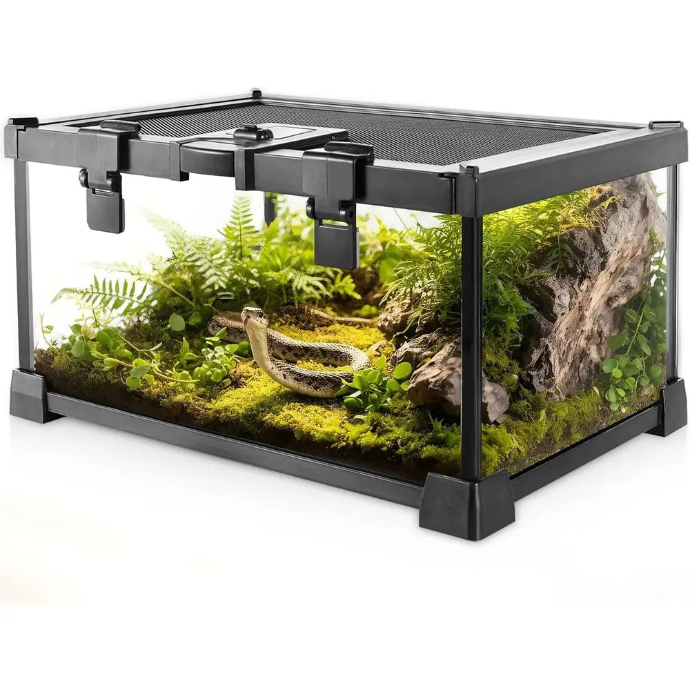 Reptile Glass Terrarium Full View Tank With Feeding Slot Stackable