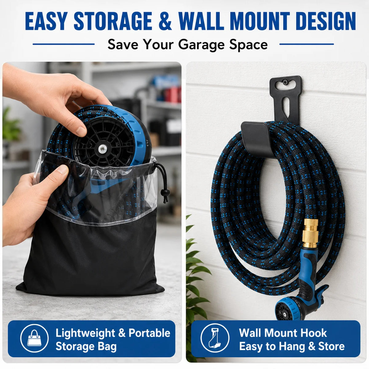 Expandable retractable garden hose with 8-spray nozzle by S And B Enterprise, blue/black with brass fittings