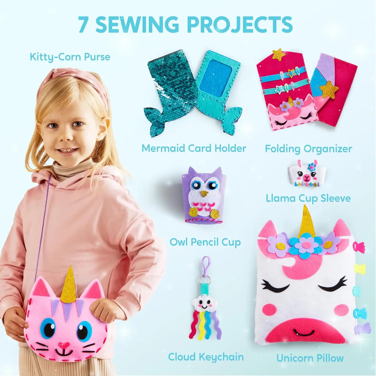 JOYFY 7 Sewing Projects My First Kids Sewing Kit by S And B Enterprise; includes unicorn pillow, mermaid card holder, kitty-corn purse
