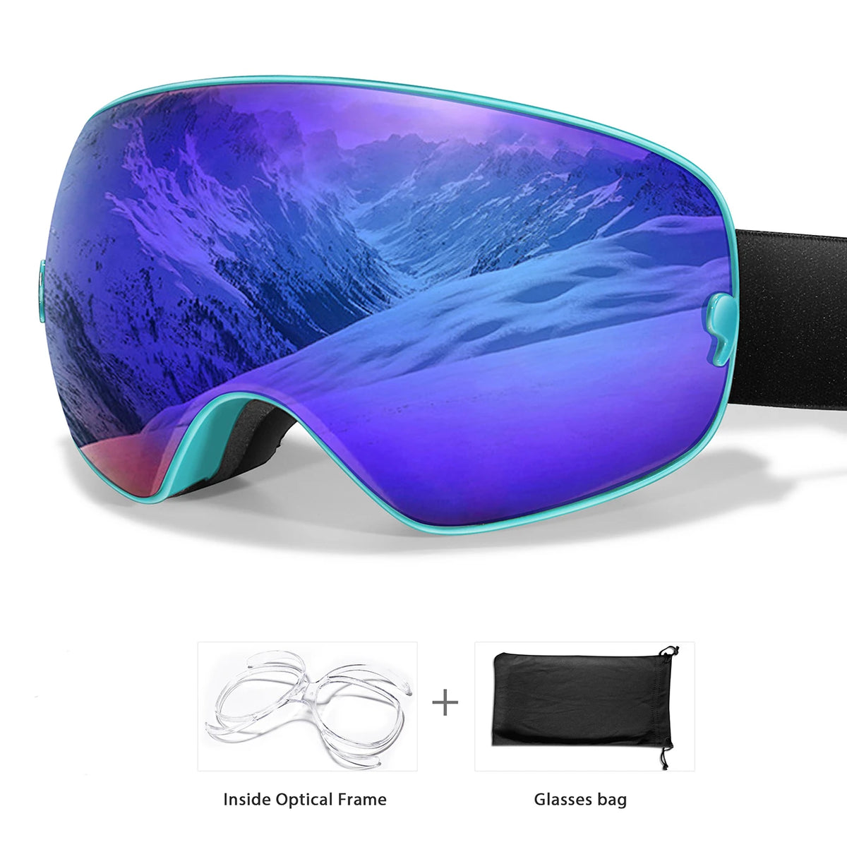 S And B Enterprise winter ski goggles with teal frame and purple lenses; UV400 anti-fog, with optical frame and bag.