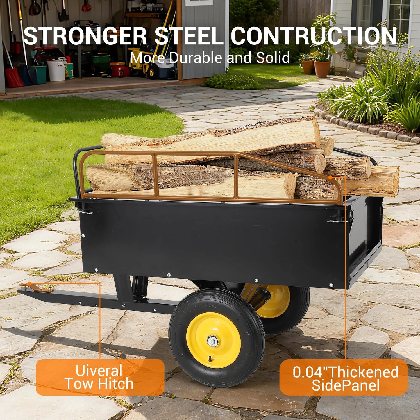 750 lb steel dump cart with 17 cu ft bed and removable side panels, loaded with logs