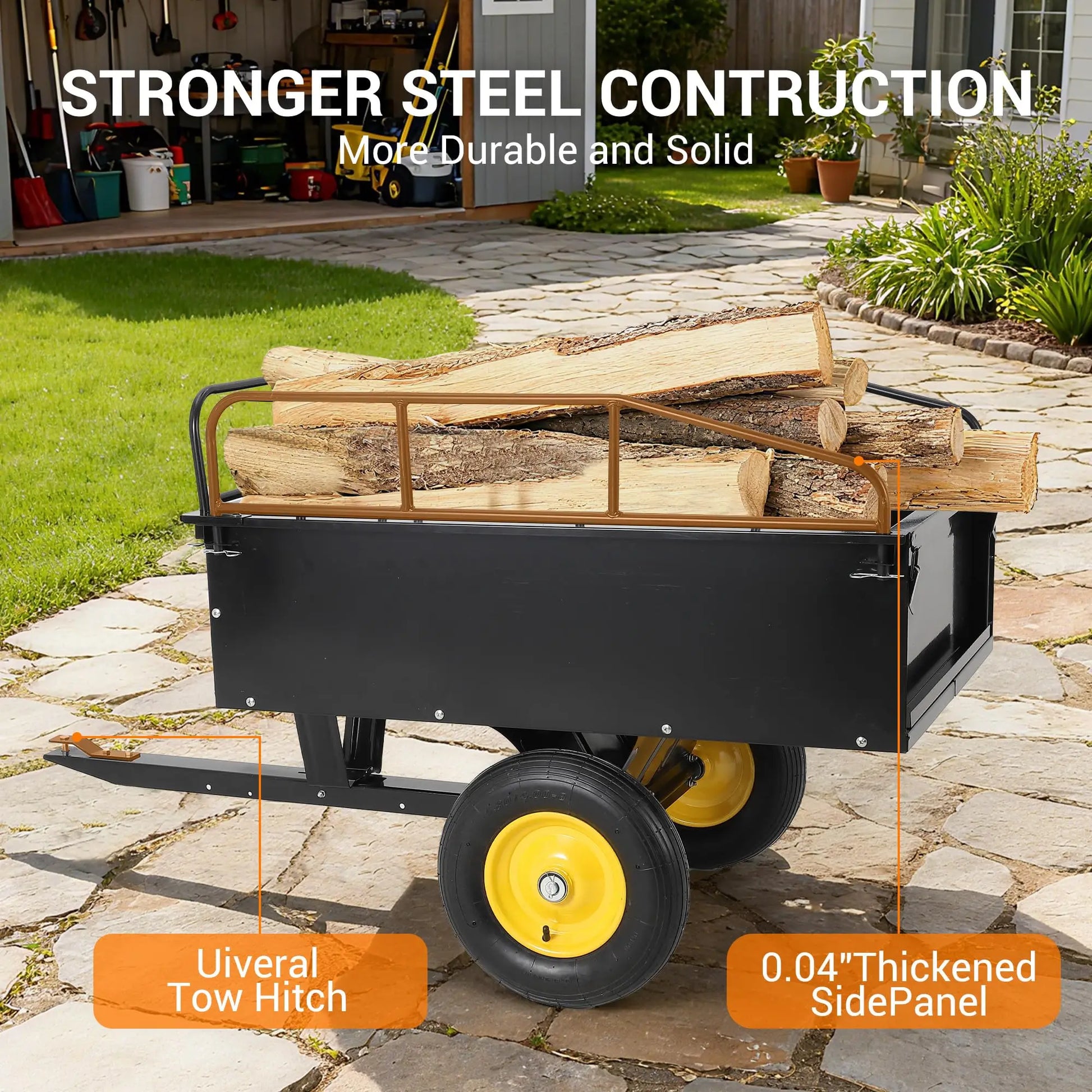 750 lb steel dump cart with 17 cu ft bed and removable side panels, loaded with logs