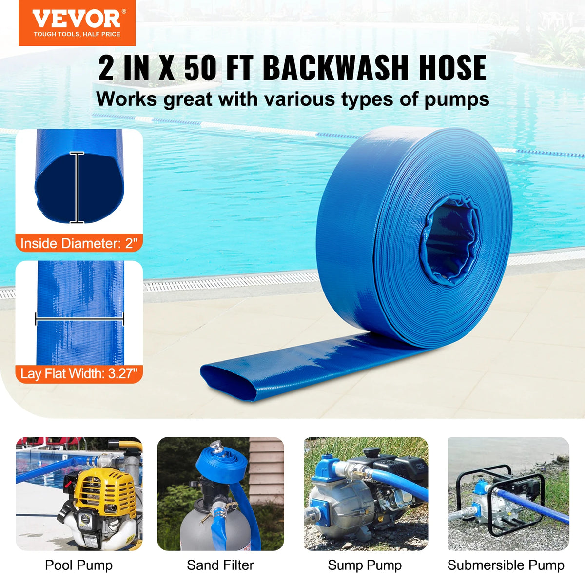 Pool drain hose, blue PVC lay-flat, 2 in diameter by 50 ft for pool water removal