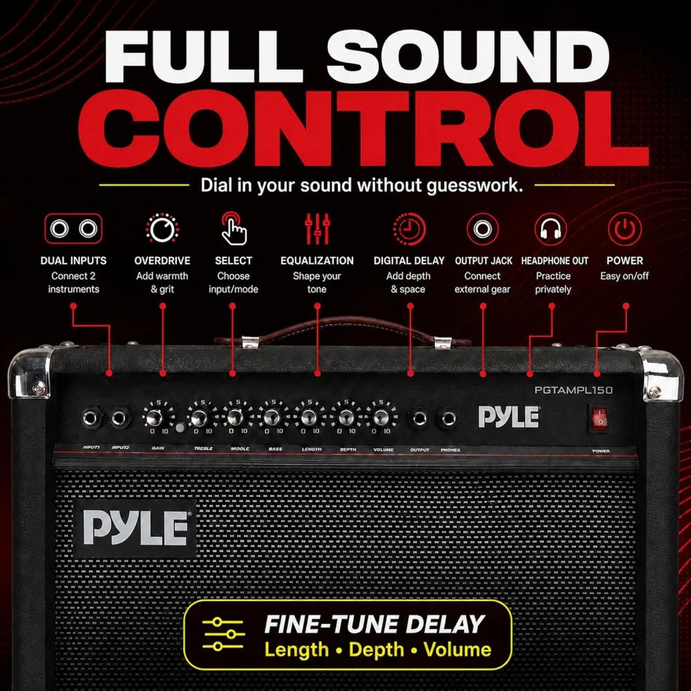 Pyle 40W portable electric guitar amplifier with 2 speakers, dual inputs, overdrive, delay, and EQ