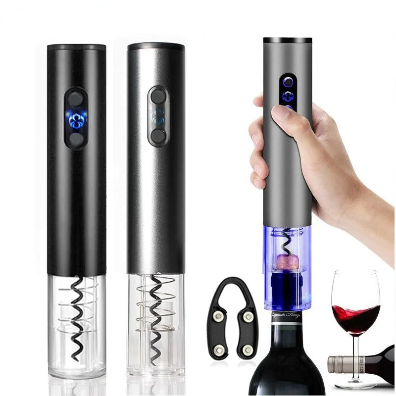 Three electric wine openers, rechargeable corkscrews in black and silver, includes foil cutter and USB charging cable