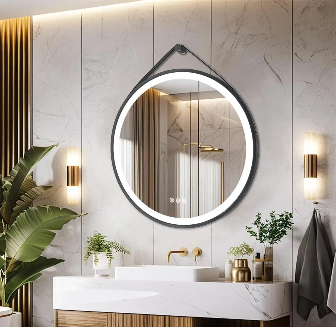 Round LED Bathroom Mirror With Leather Strap Frontlit Touch Antifog by S And B Enterprise