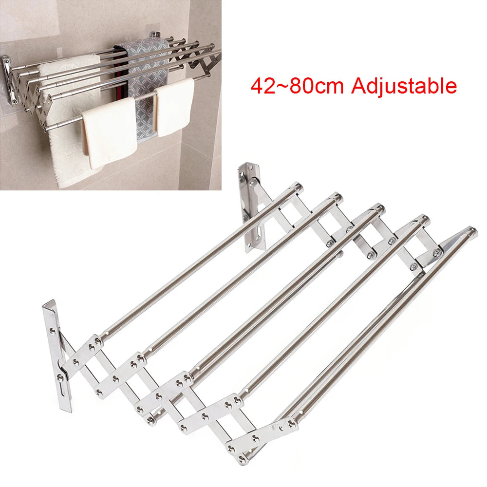 Stainless steel wall-mounted drying rack with foldable arms, 42–80 cm adjustable for bathroom laundry.