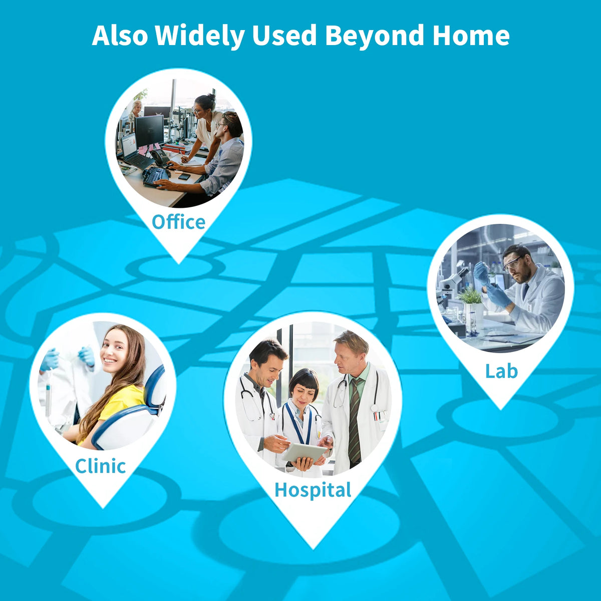 Water distiller purifier by S And B Enterprise; blue map graphic with office, lab, clinic and hospital pins
