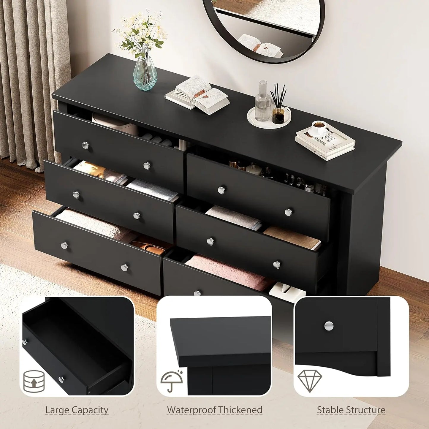 Six-Drawer Wood Dresser For Bedroom Hallway Storage And Organization