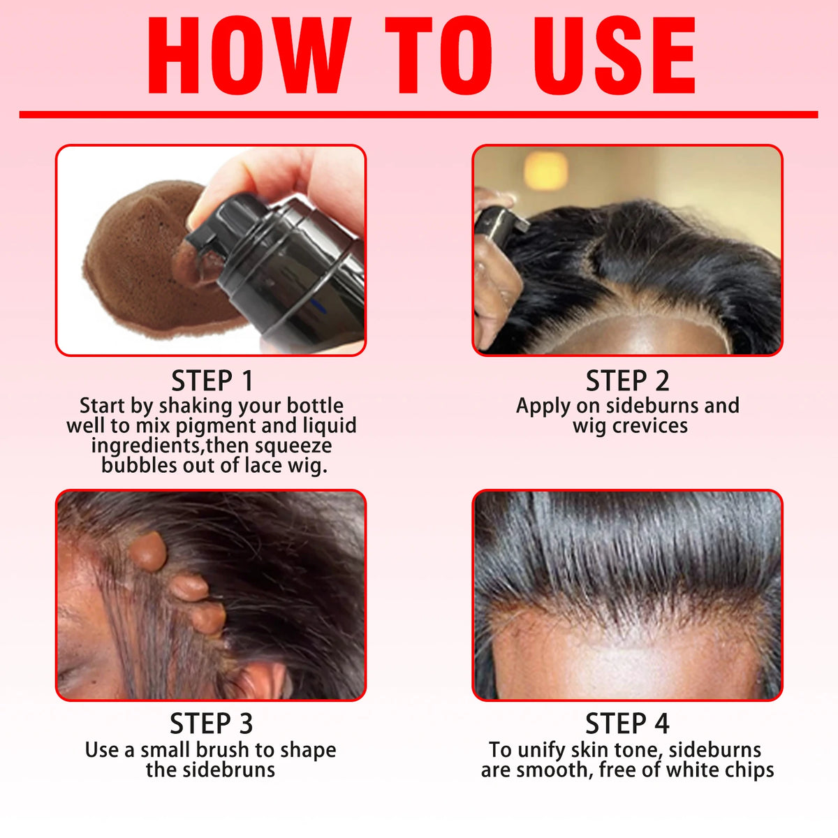 Professional lace wig install kit by S And B Enterprise infographic showing tint mousse use and glue application
