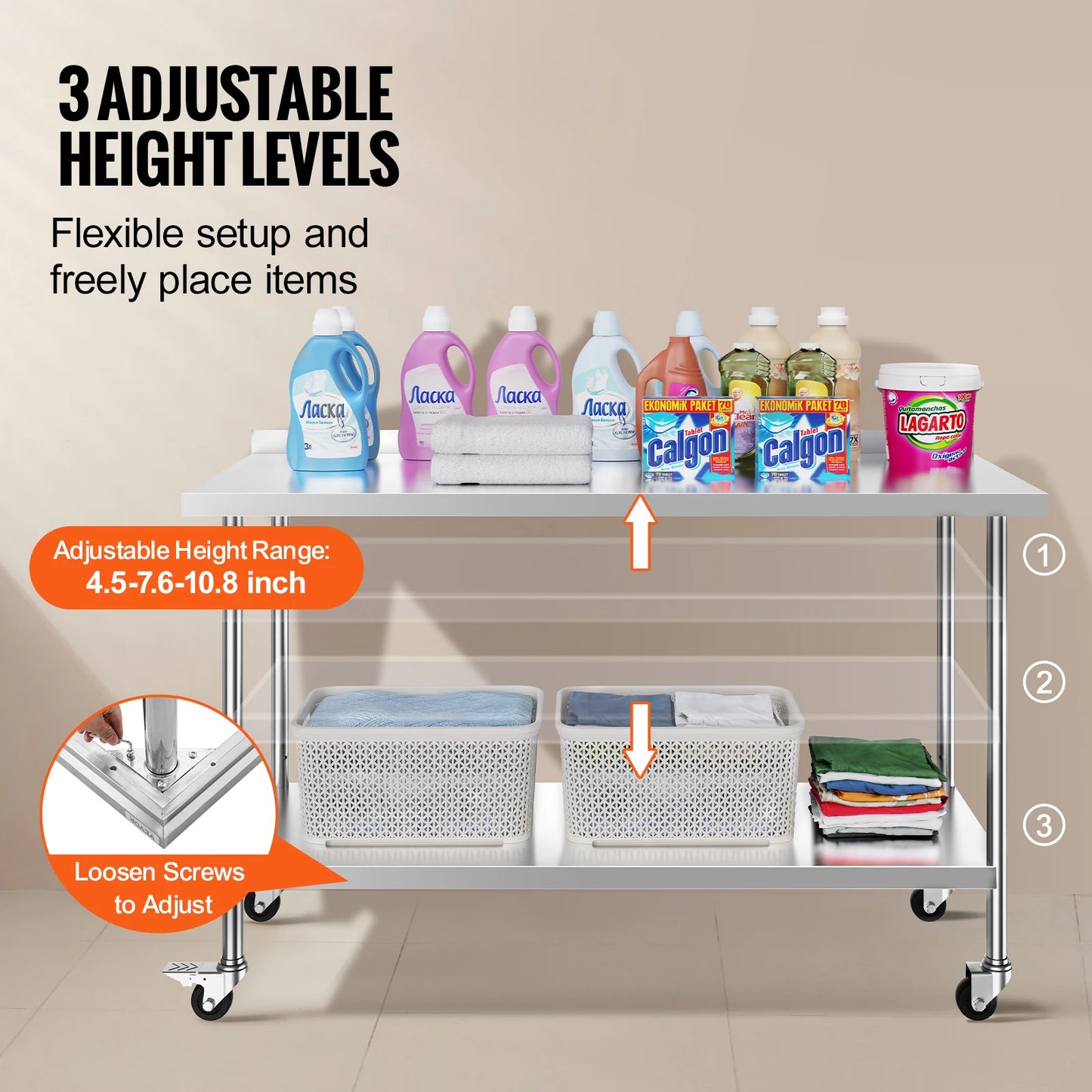 SucceBuy Stainless Steel Work Table With Casters For Commercial Kitchens