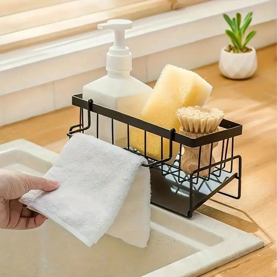 S And B Enterprise kitchen sponge shelf and soap holder, black stainless steel draining rack for sink