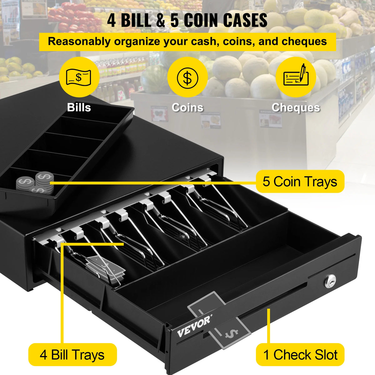 Cash register drawer, black metal with 4 bill trays, coin compartment, 2 keys, VEVOR