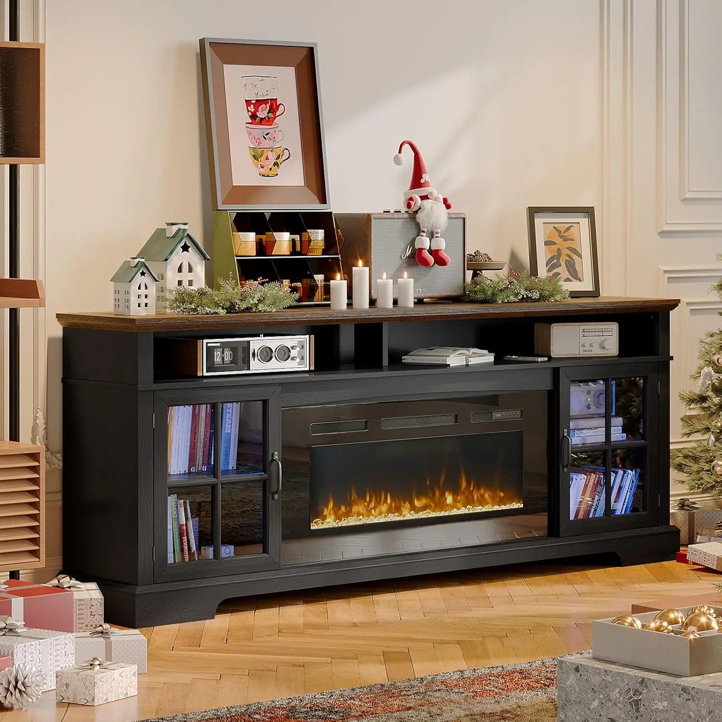 Fireplace TV Stand Farmhouse Entertainment Center With Storage Cabinets