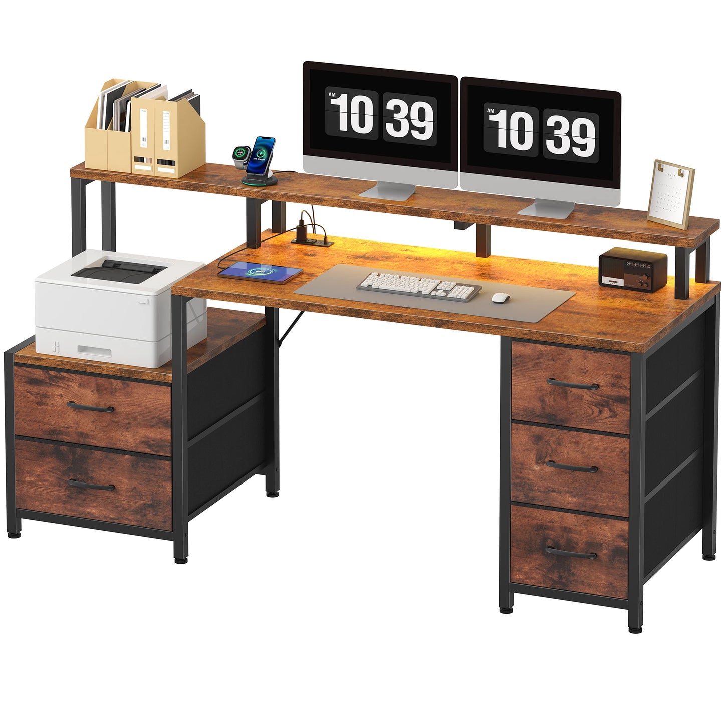 JHK Gaming Computer Desk With LED Lights And Drawers