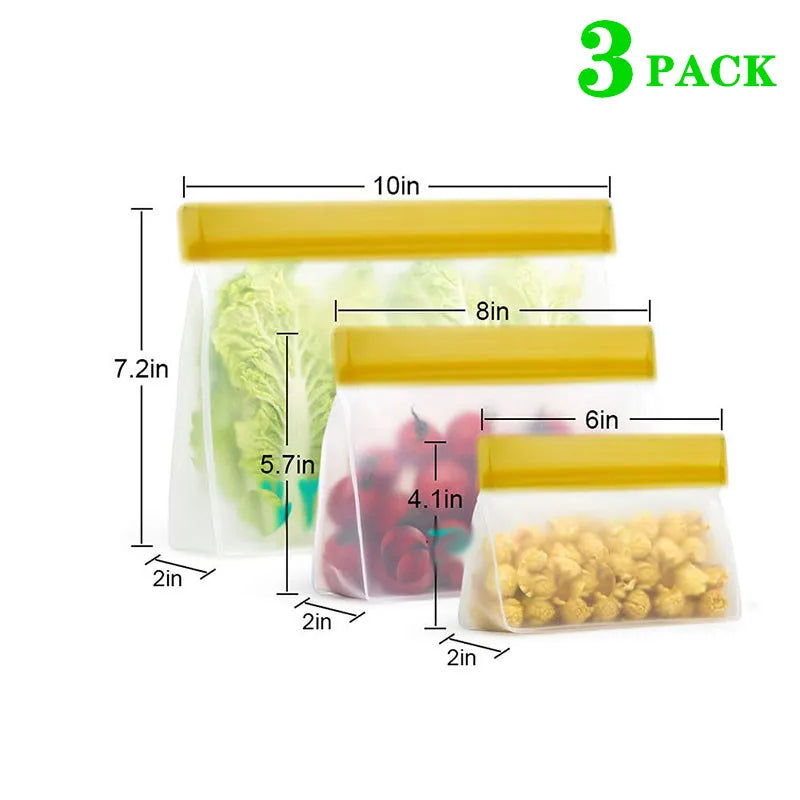 Three-pack reusable stand-up silicone PEVA storage bags with yellow tops; leakproof, clear bodies (10in/8in/6in) by S And B Enterprise