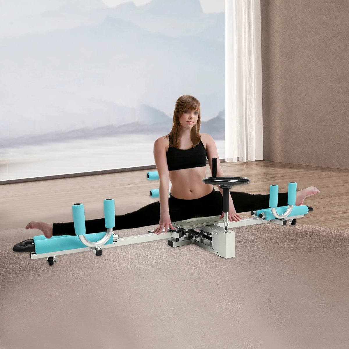 Leg stretcher split machine with turquoise padding, adjustable 0–210° for ballet, yoga, dance