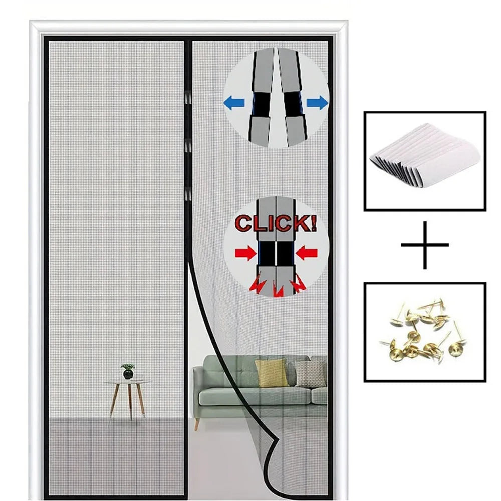 Magnetic door curtain screen, black mesh; auto magnetic closure; by S And B Enterprise; includes mounting strips and nails.