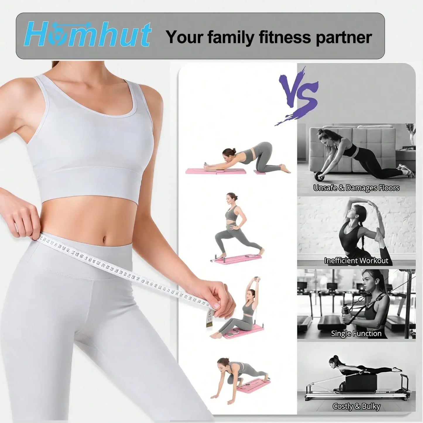 Pilates sliding board fitness reformer with resistance bands; foldable, portable full-body workout board by S And B Enterprise