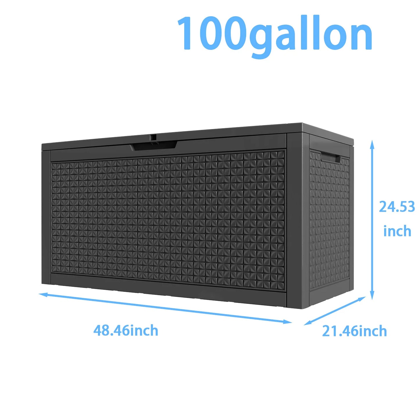 100-gallon resin deck box in dark gray; lockable outdoor storage for furniture and tools.