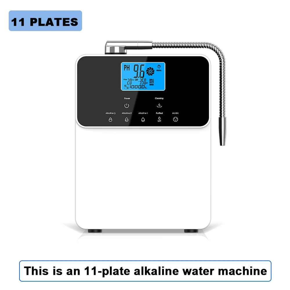CAWOLO 11-plate platinum-coated alkaline water ionizer in white with black control panel and blue LCD display