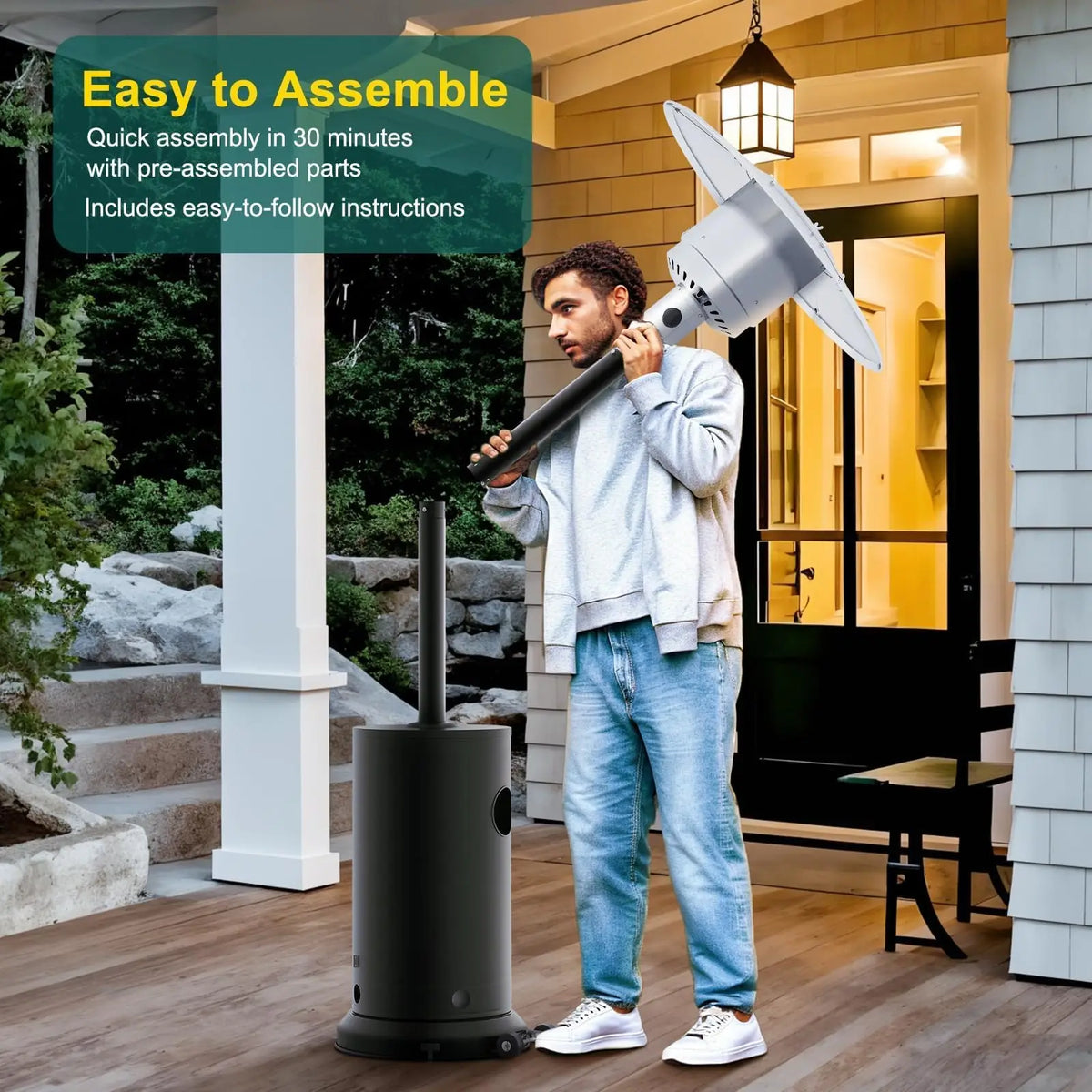 Propane patio heater, black wind-resistant outdoor heater with removable wheels and round cover