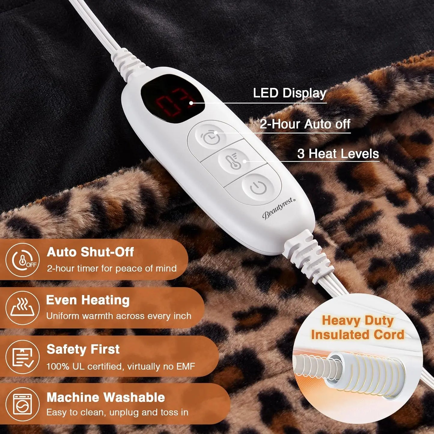 Leopard Print Electric Heated Throw Blanket With Auto Shut Off