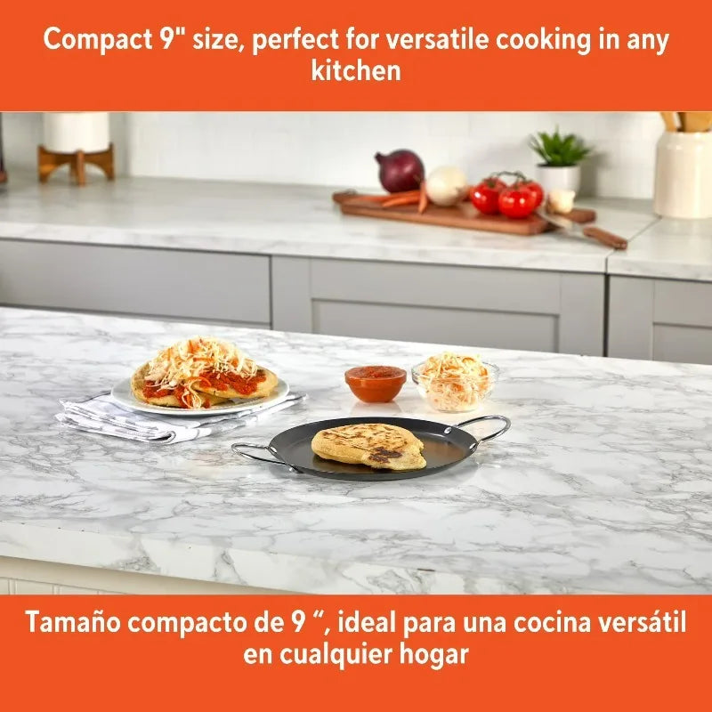 9in carbon steel nonstick round comal with metal handles, black by S And B Enterprise