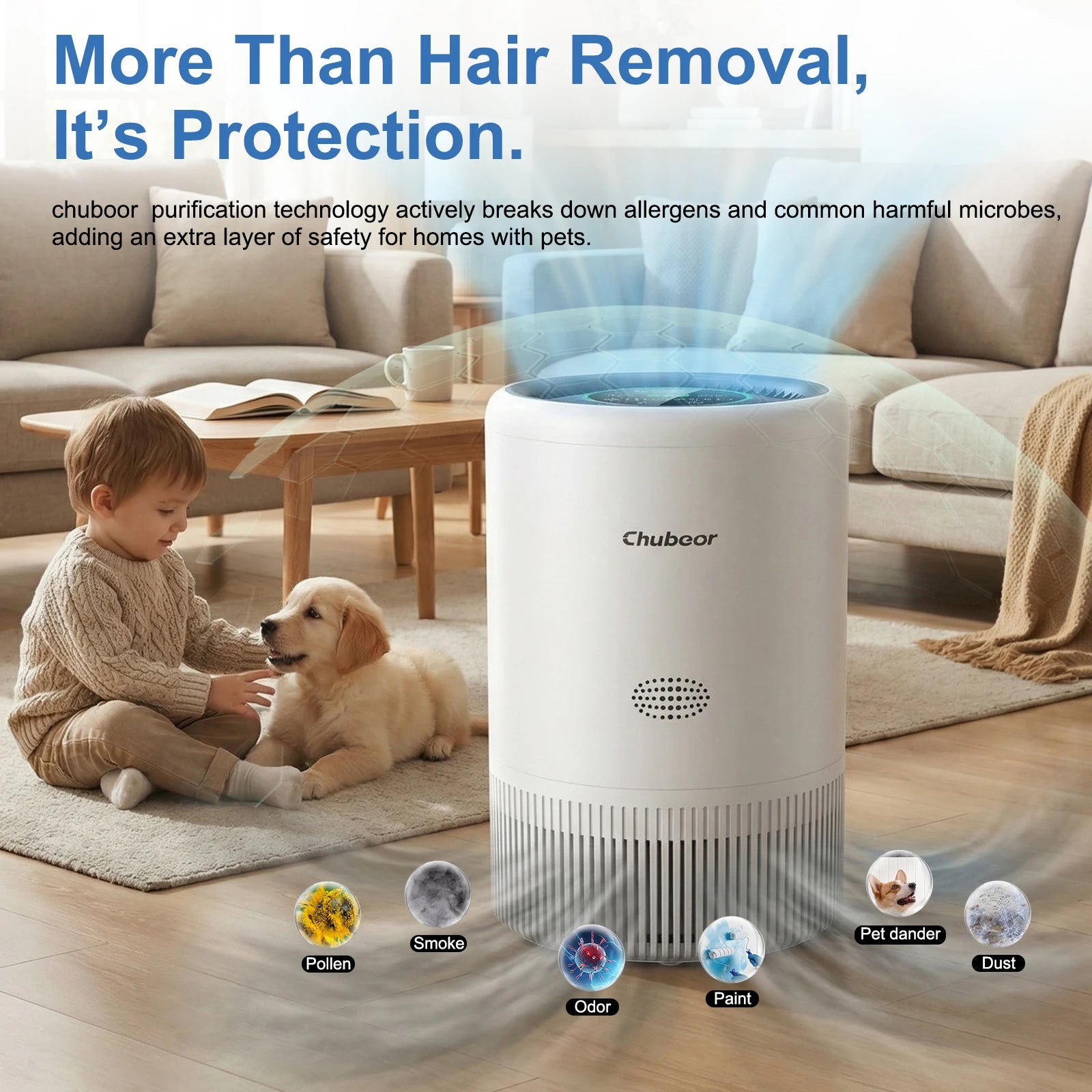 Chuboor air purifier with H13 HEPA filtration, white cylindrical cleaner for smoke, dust, pollen and pet hair
