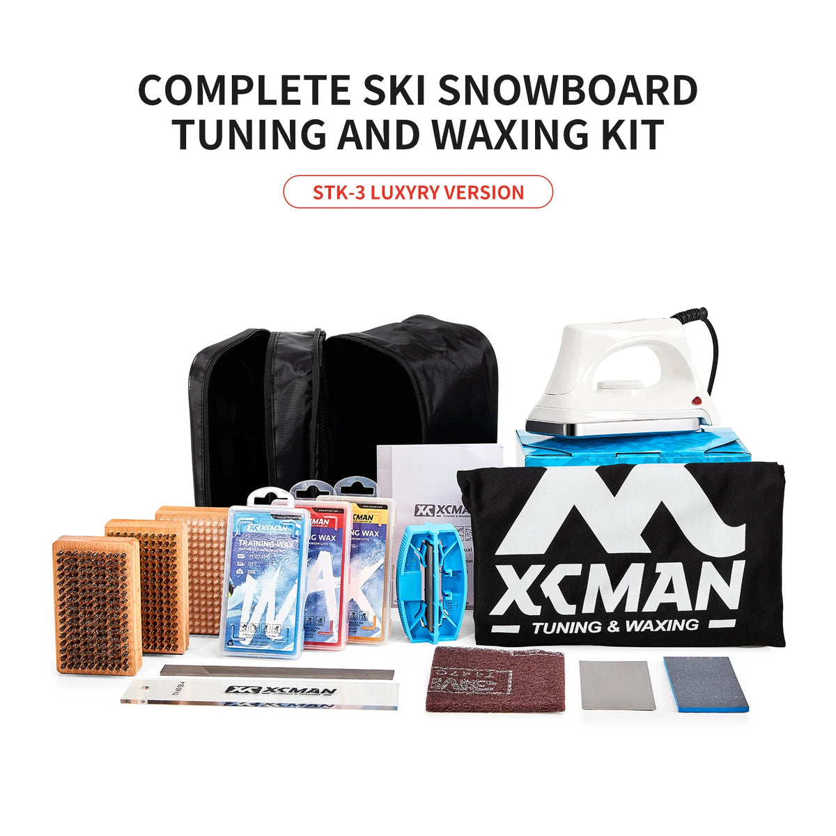 XCMAN complete ski/snowboard tuning and waxing kit by S And B Enterprise with waxing iron, universal wax, edge tuner, Ptex