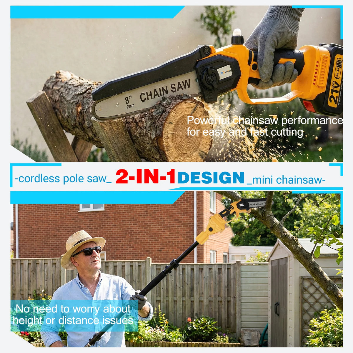 S And B Enterprise 2-in-1 cordless pole saw with extension pole, 6- and 8-inch blades, two 21V 3.0Ah batteries