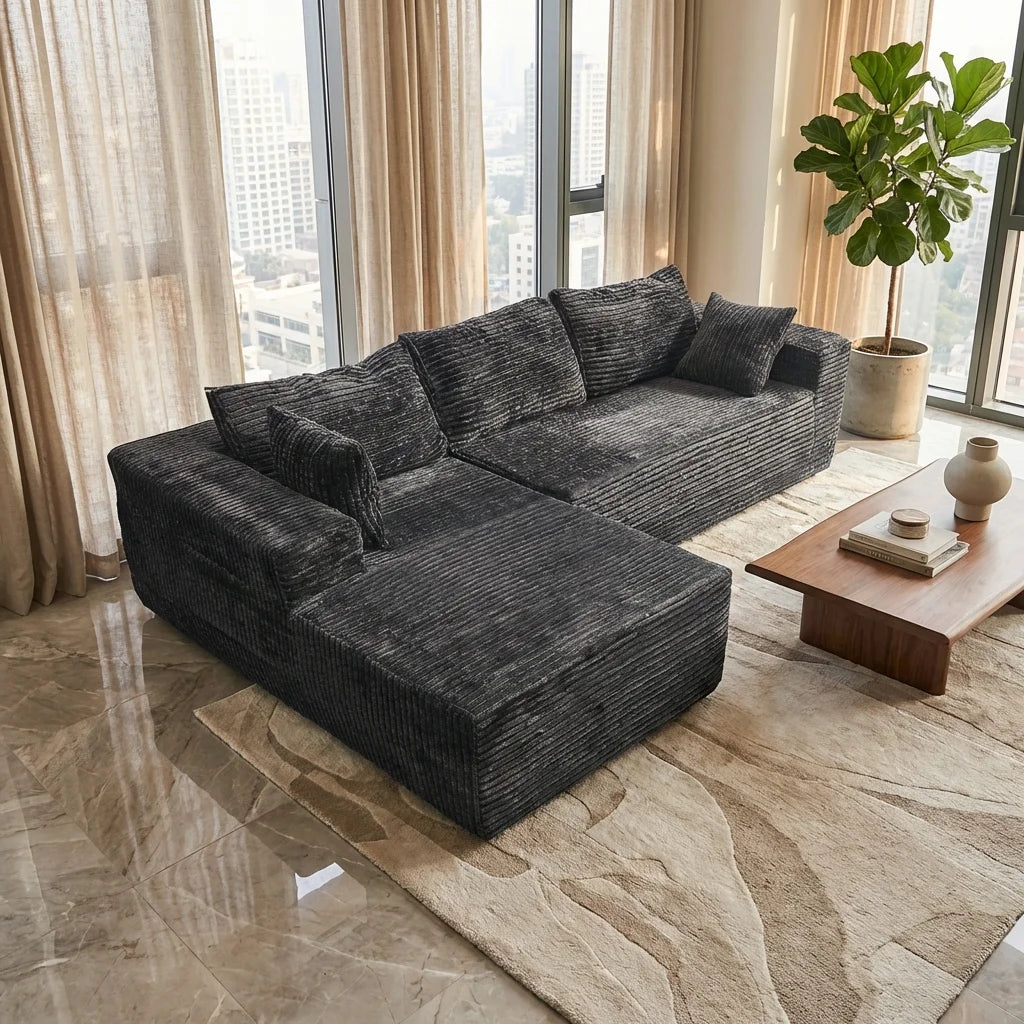 NONECN Cloud-Like Corduroy Sectional Sofa With Chaise And Storage