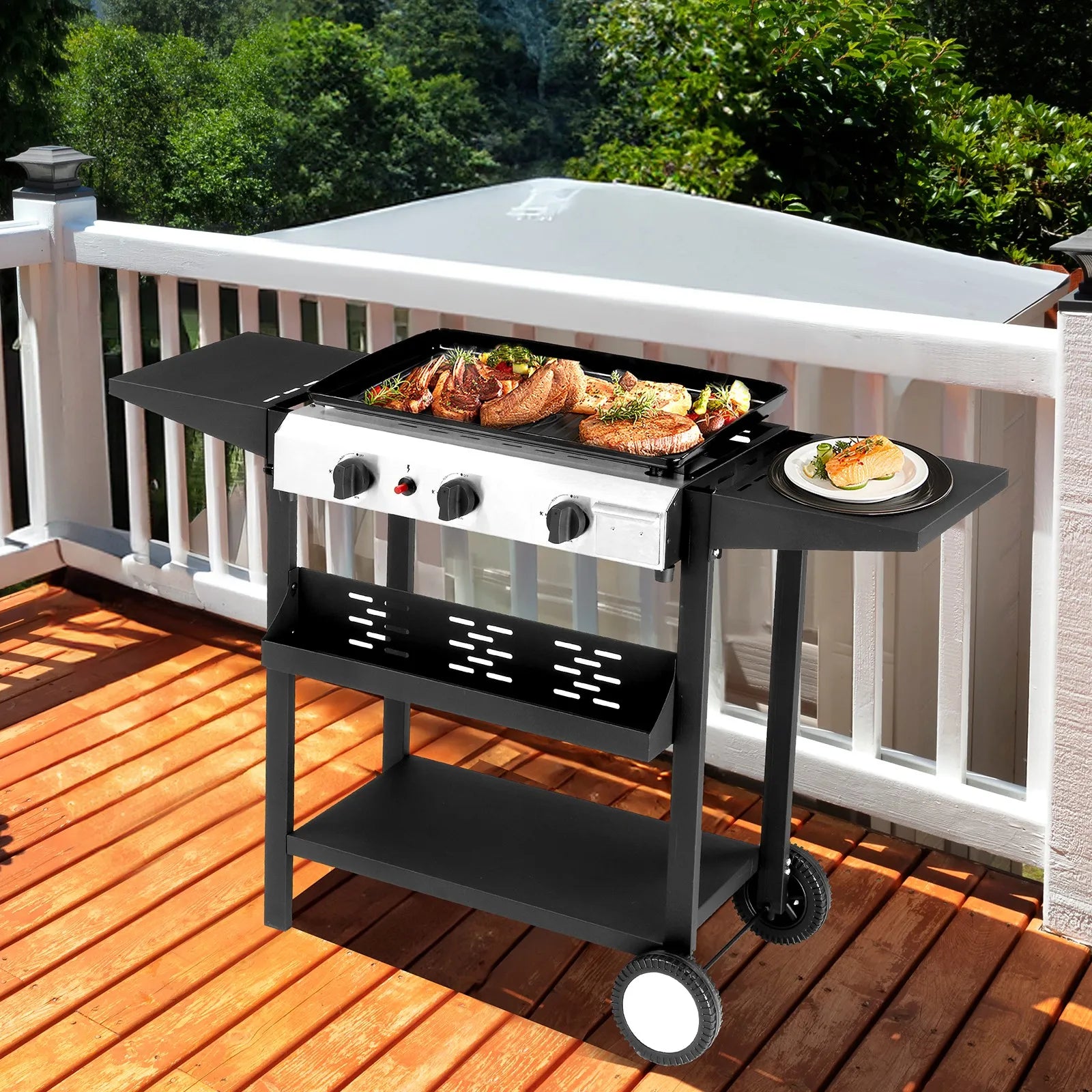 34" Outdoor Griddle Station with Side Shelf, 3 Burner Flat Top Gas Grill Propane by S And B Enterprise