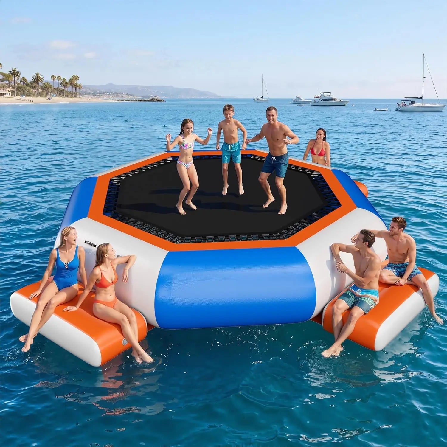 Inflatable water trampoline, 15ft, orange and blue PVC with 3 platforms